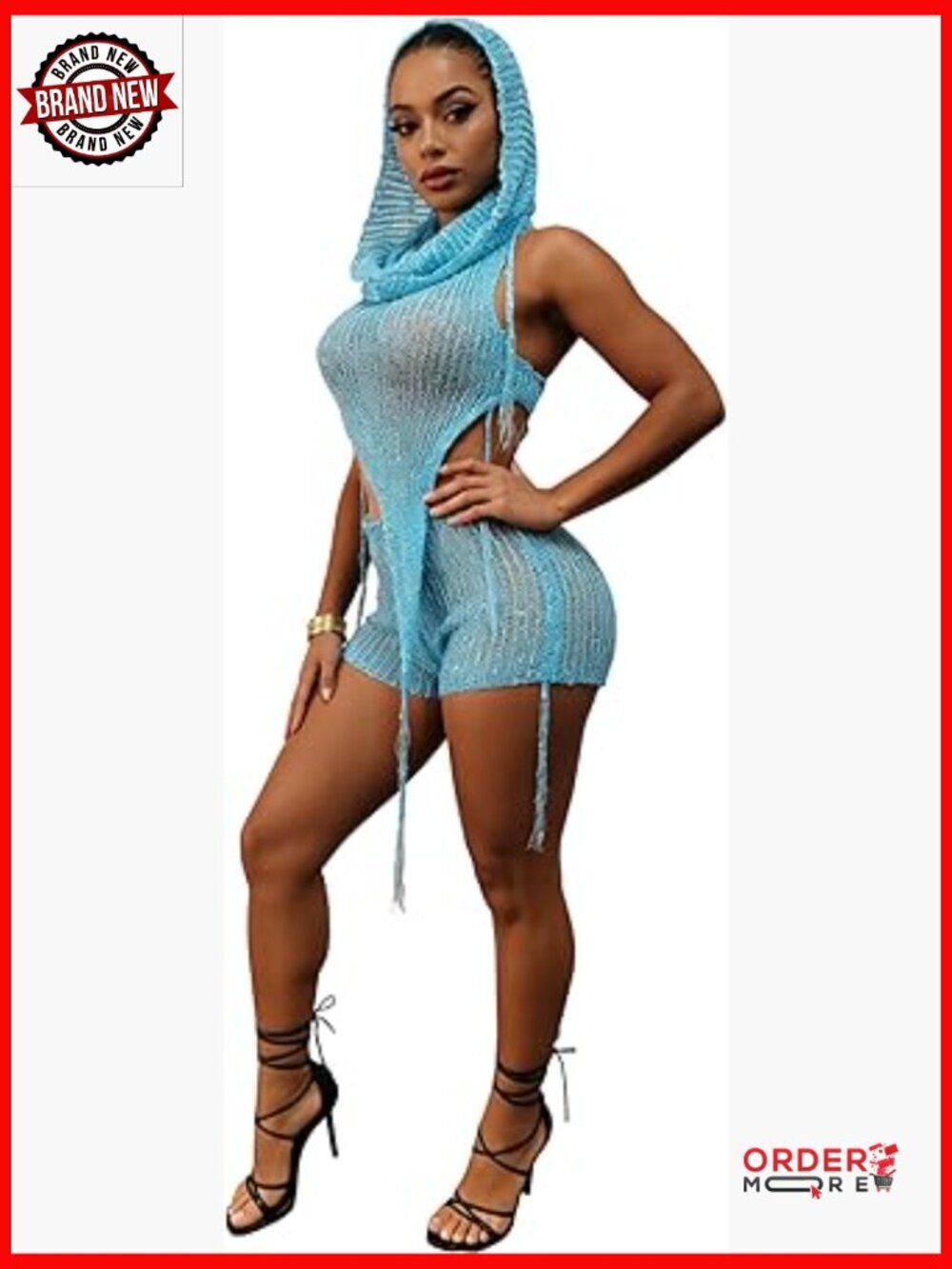 3 Piece Crochet Knitted Balaclava Crop Top Hot Shorts Set